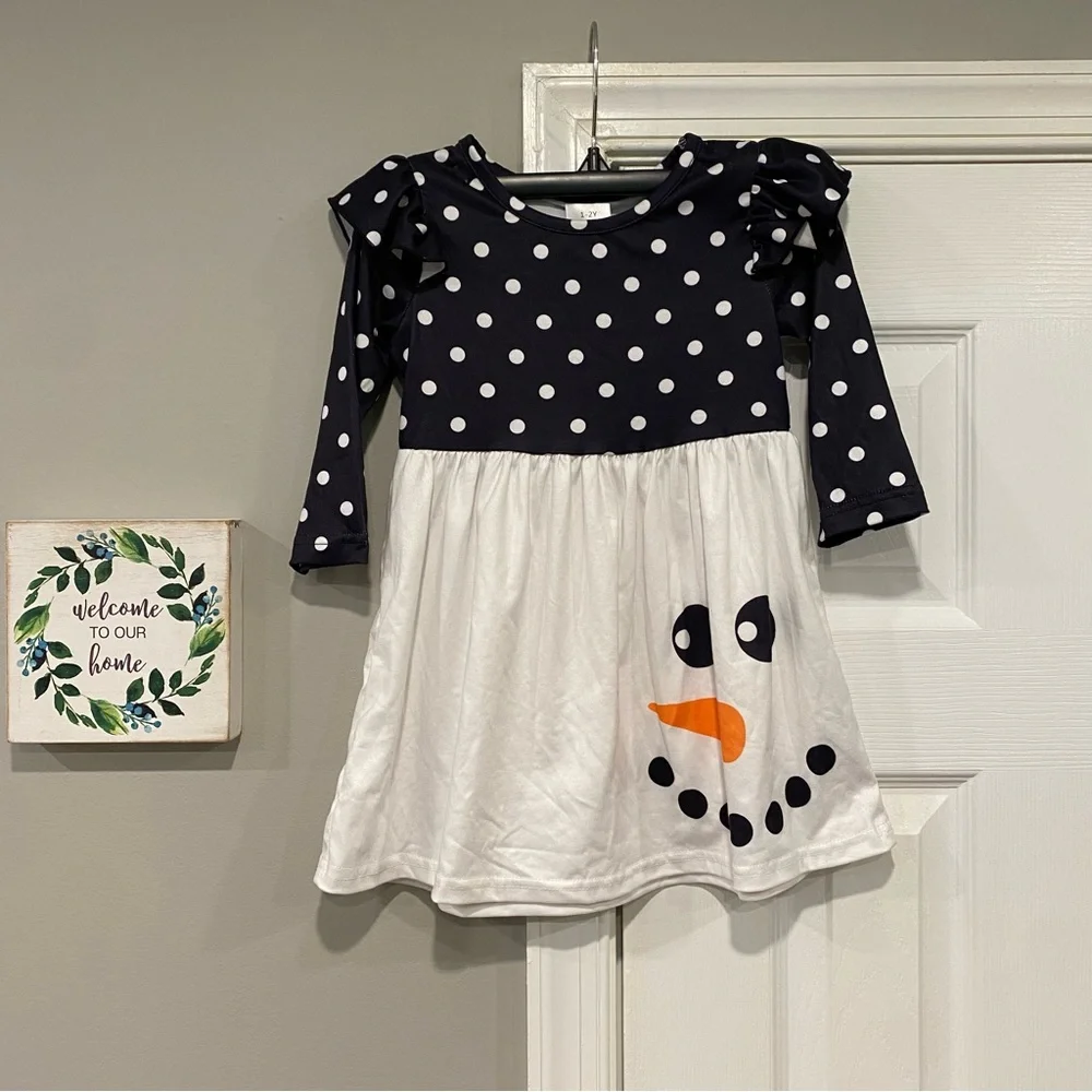Toddler Girl 1- 2 Year Snowman Dress Ruffle Long Sleeve Polka Dot Black White